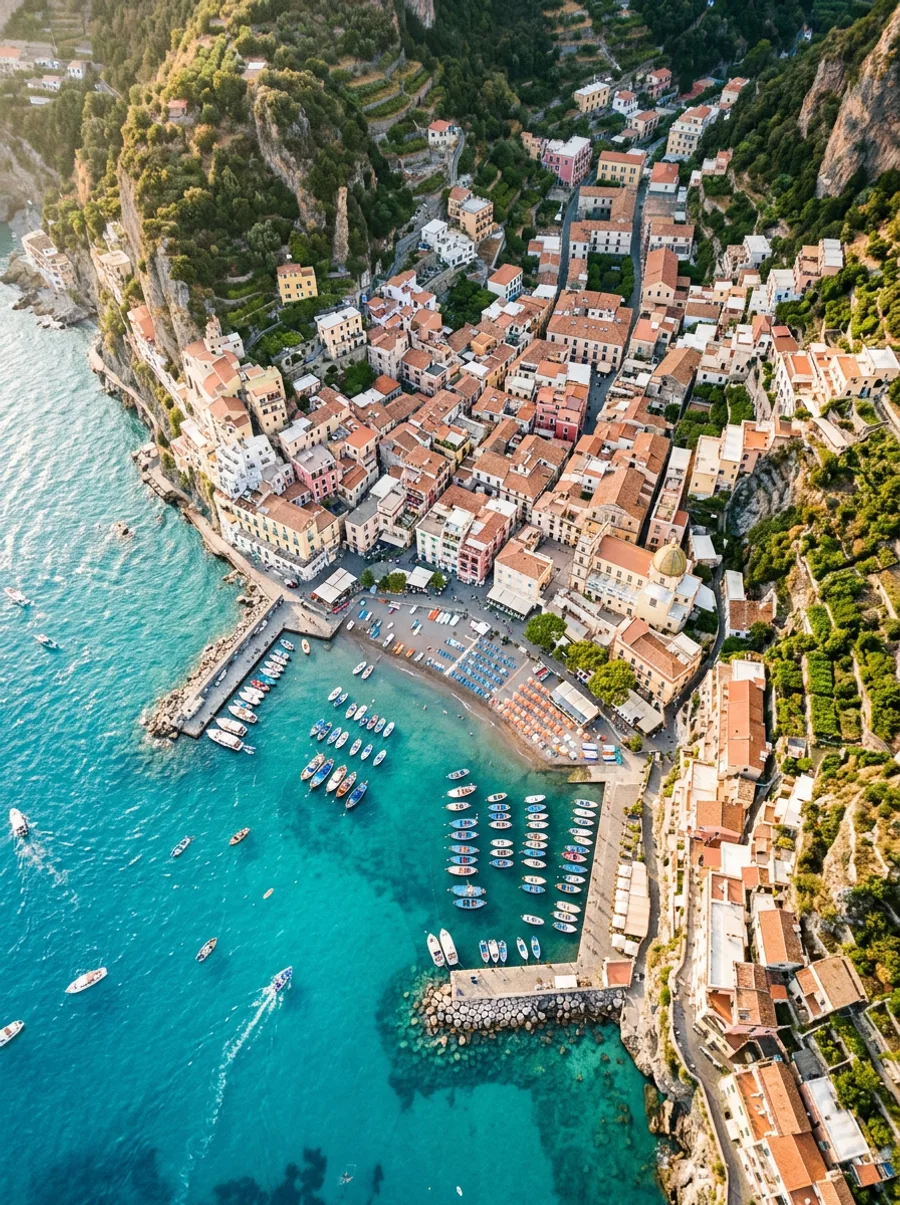 Aerial view of a coastal town with a harbour and turquoise water (generated illustration)