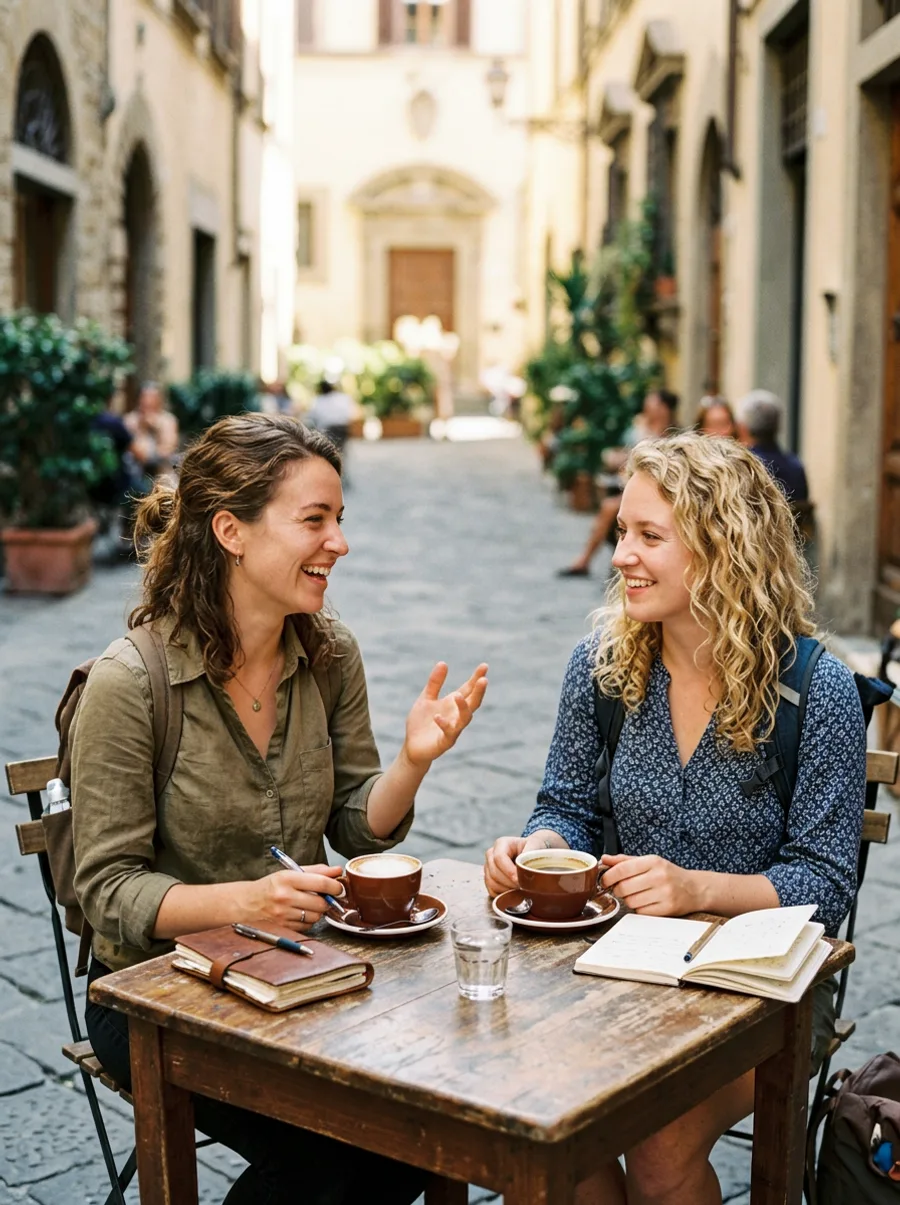Two travellers talking over coffee at a cafe table (generated illustration)