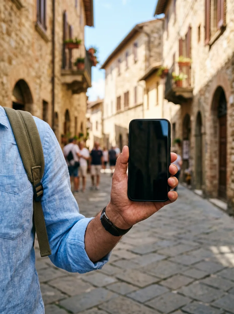 A traveller holding a phone on a sunny old-town street (generated illustration)