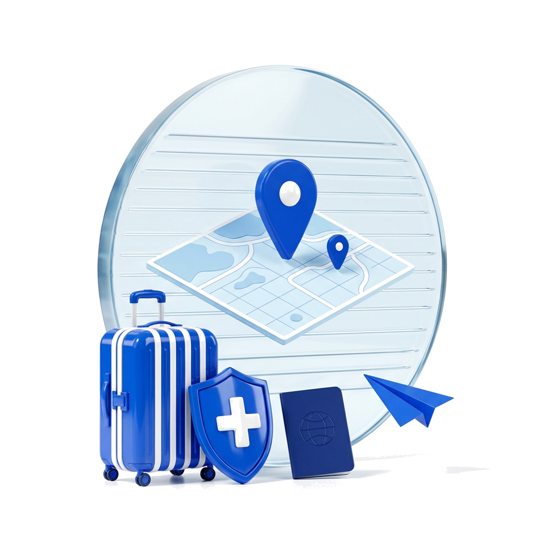 Glass disc holding a map with location pins, beside a blue suitcase, a shield with a plus mark, a passport and a paper plane