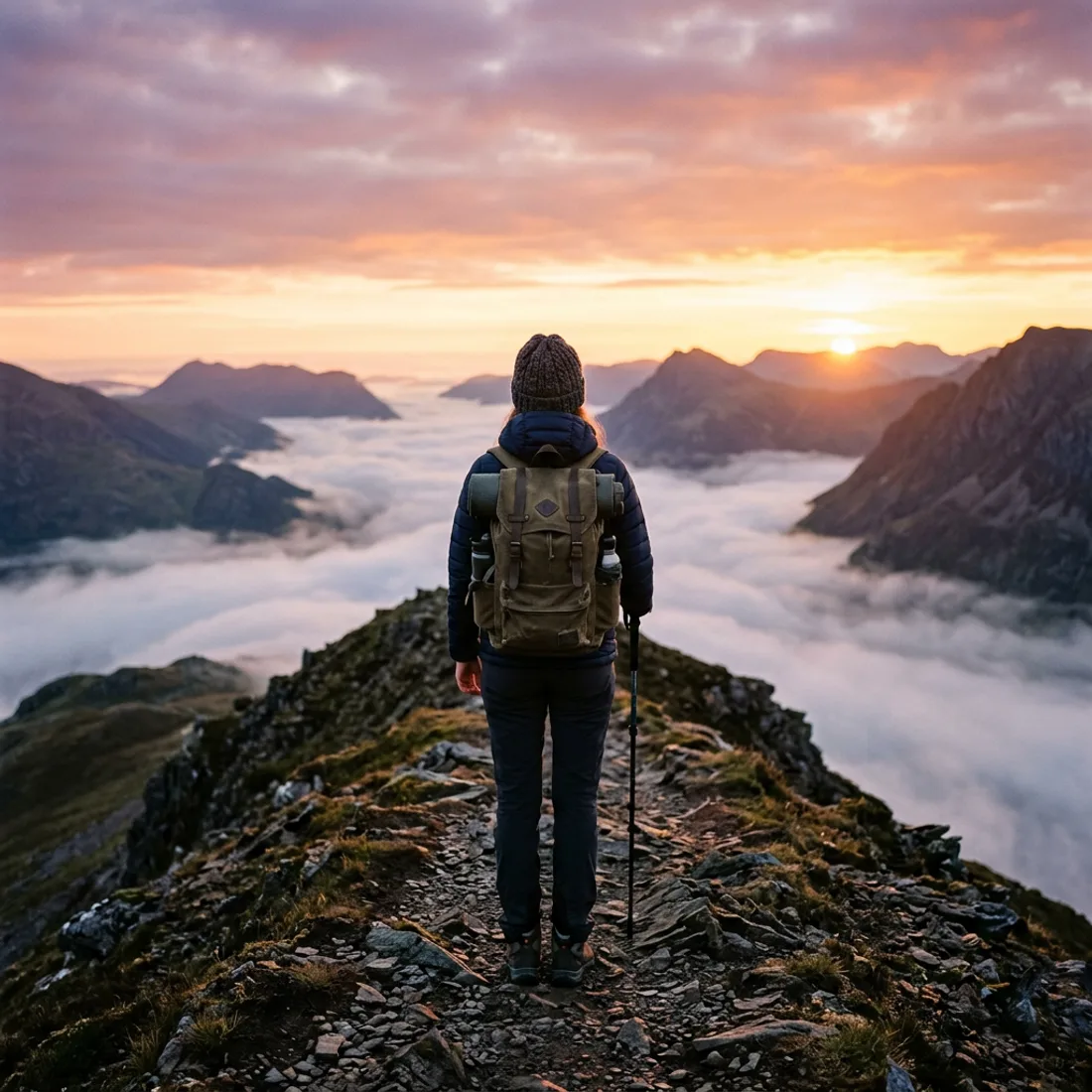 A traveller with a backpack on a mountain ridge at sunrise, above a sea of cloud (generated illustration)