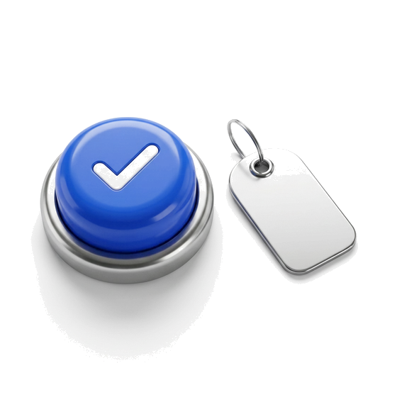 Blue push-button with a check mark beside a silver tag