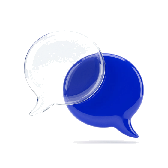 Two speech bubbles, one glass and one blue